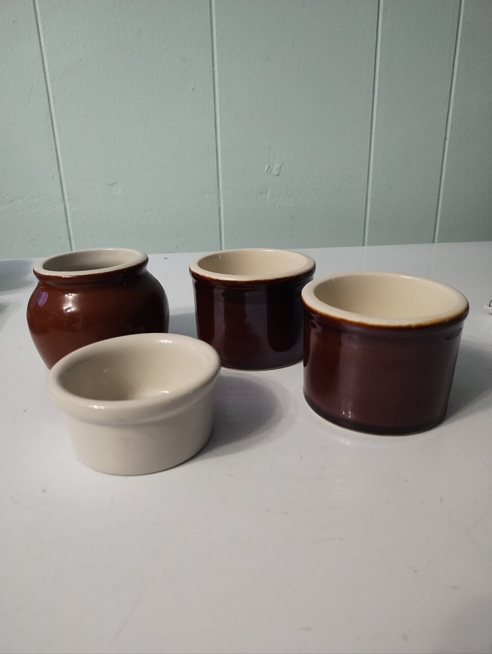 Vintage Hall China Brown and Cream Ceramic Crock, Bean Pot And Ramekin Set